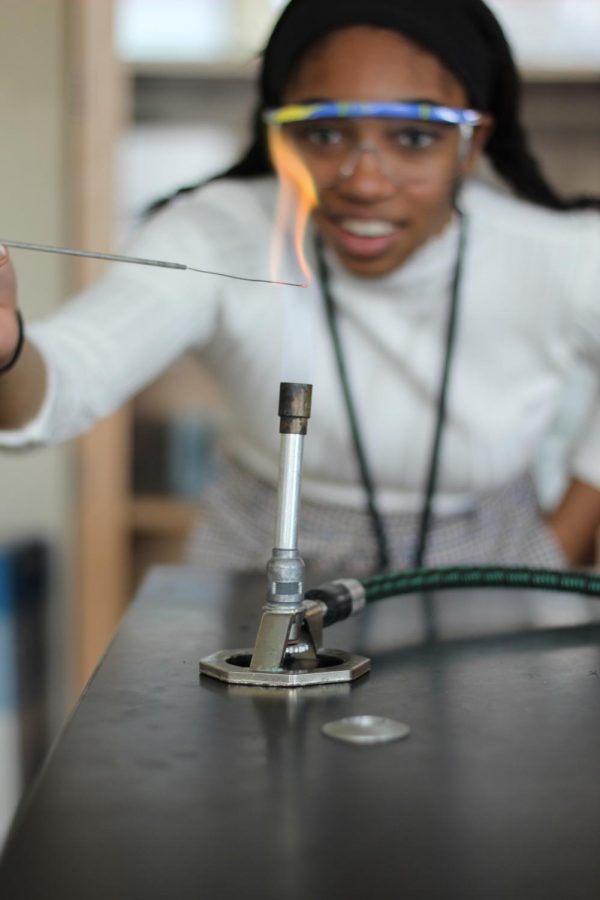 Junior Peyton Raybon uses a bunson burner and inoculating tubes to dip different salt solutions into the flame in Jason Soxs classroom on Feb. 15.