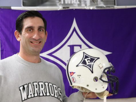 Health teacher Adrian Rocco explains that his favorite item in his room is a football helmet because it protected my head for four years while I played college football.”
