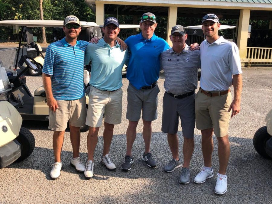 From left to right: Former Wando Golf player, Former Wando Football players Michael Paul, Michael Flint, Coach Hayes, and Sullivan Williams at a golf tournament two years ago.
