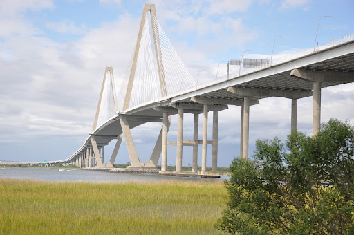 A view of Arthur Ravenel Jr. Bridge from a trail in the Charleston waterfront point.
