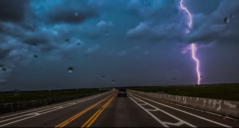 Lightening strikes viciously over the isle of palms connector.