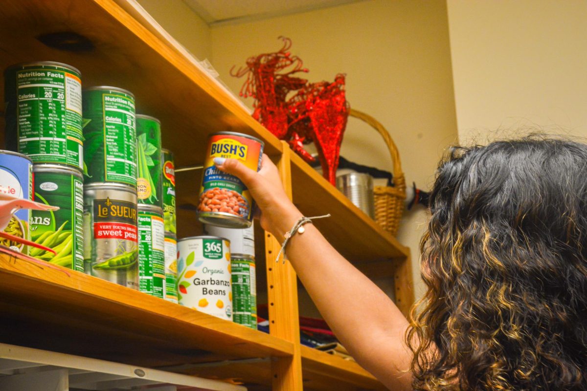 Junior and club president Simone Nihalani organizes the cans that are stored in the sponsor’s closet. “We strive to help people with food insecurities and we recently completed a fundraiser and were able to donate over 350 cans to homeless shelters to help family, kids, and people”, Nihalani said. 