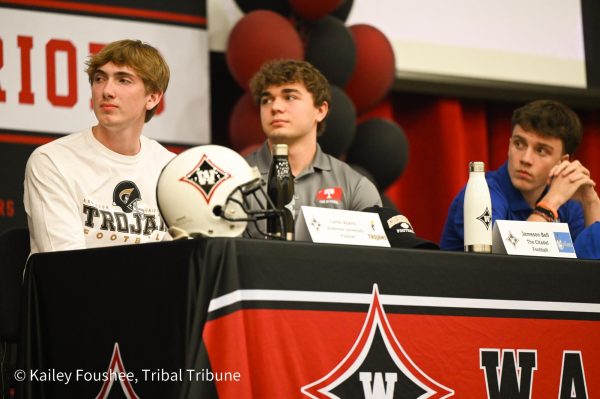 Seniors Carter Adams, Jameson Bell and, Nathan Bennis sign to various schools for football.