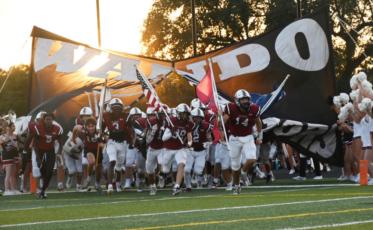 The warriors burst through the Wando banner to enter the field.