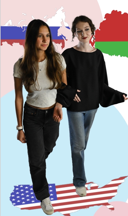 Junior Vanessa Iusico and senior Vera Karol "step in" to their new lives in America. Graphics by Bridget Hekker
