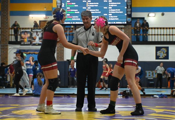 Juniors Svea Scott and Alyssa Reynolds shake hands before playing against each other to qualify for the state competition.